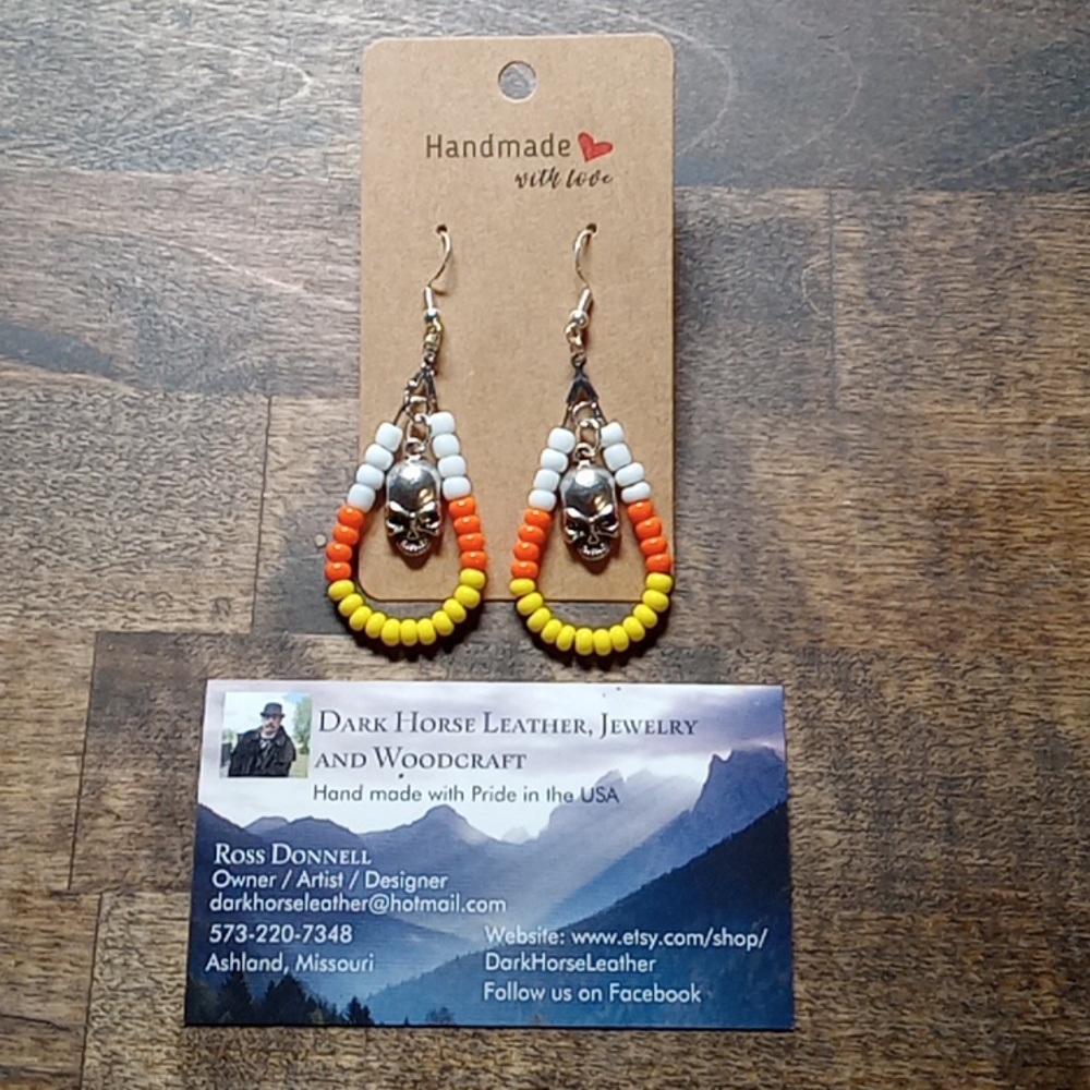Beaded Candy Corn colored Earrings with Skull charms.